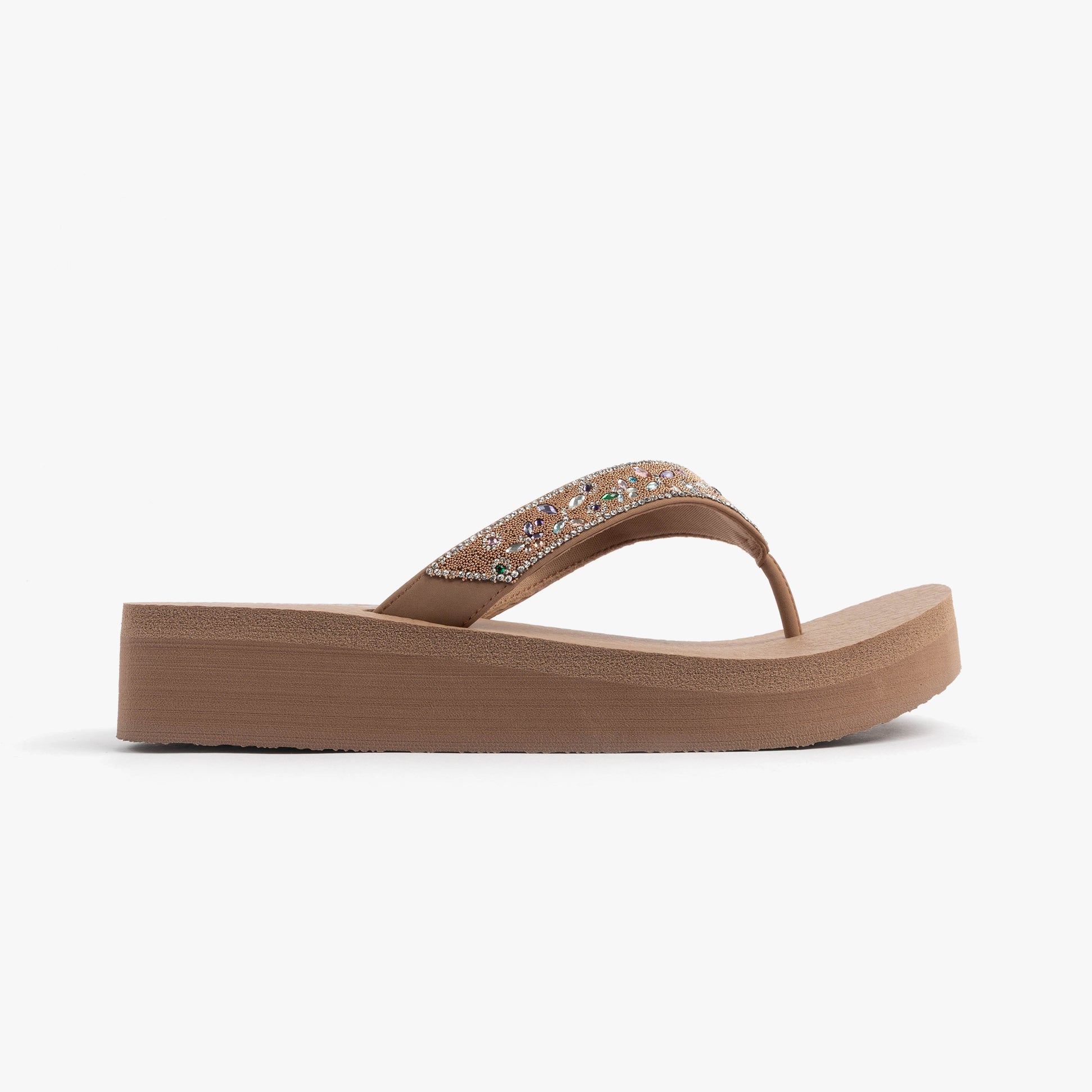 Skechers 119642/MOC VINYASA - BUTTERFLY KISS Womens Sandals Mocca side view showcasing platform heel and decorative strap.