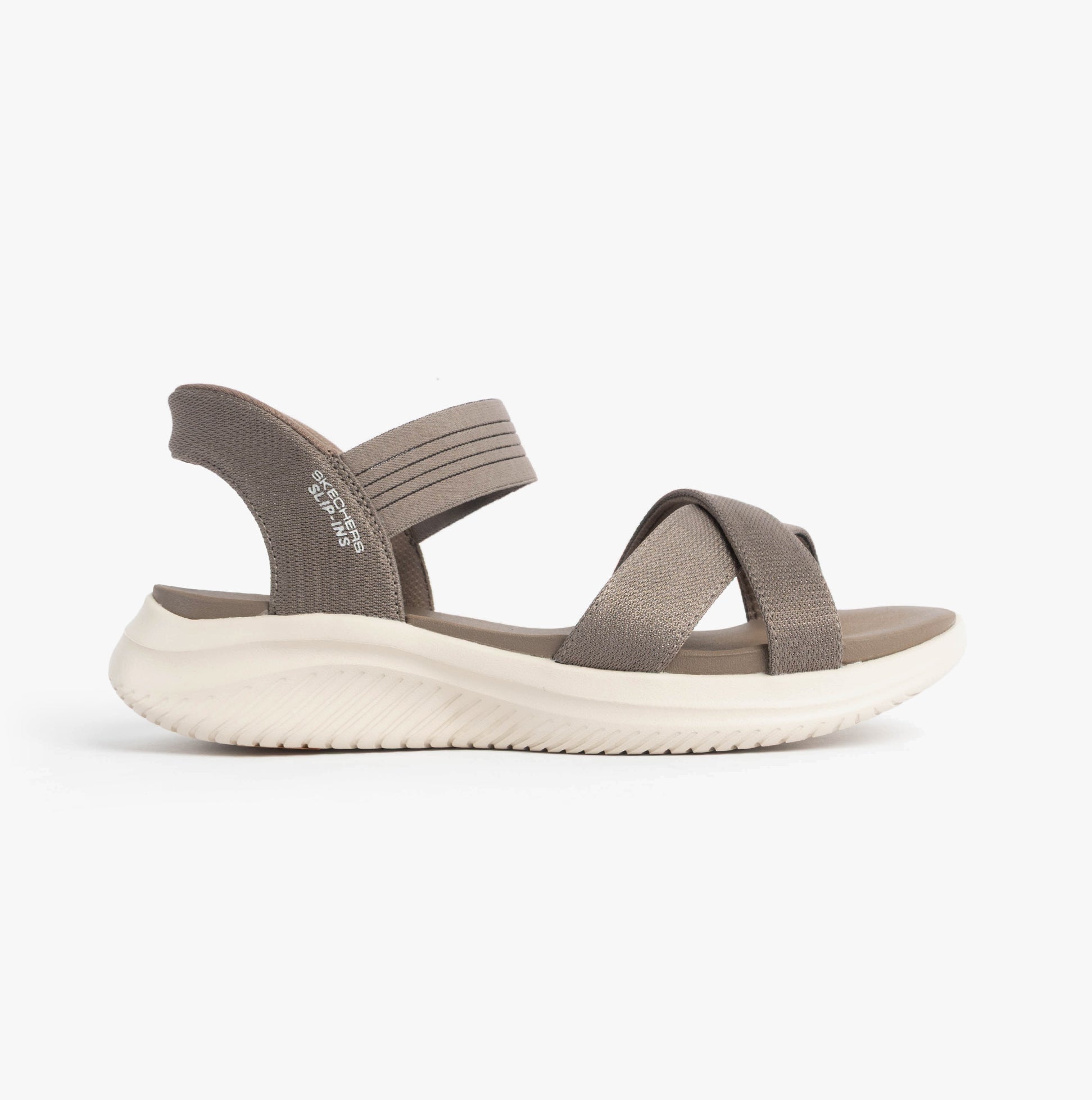 Skechers 119975/DKTP ULTRA FLEX 3.0 - NEVER BETTER Womens Sandals Dark Taupe side view showing comfortable design and materials.