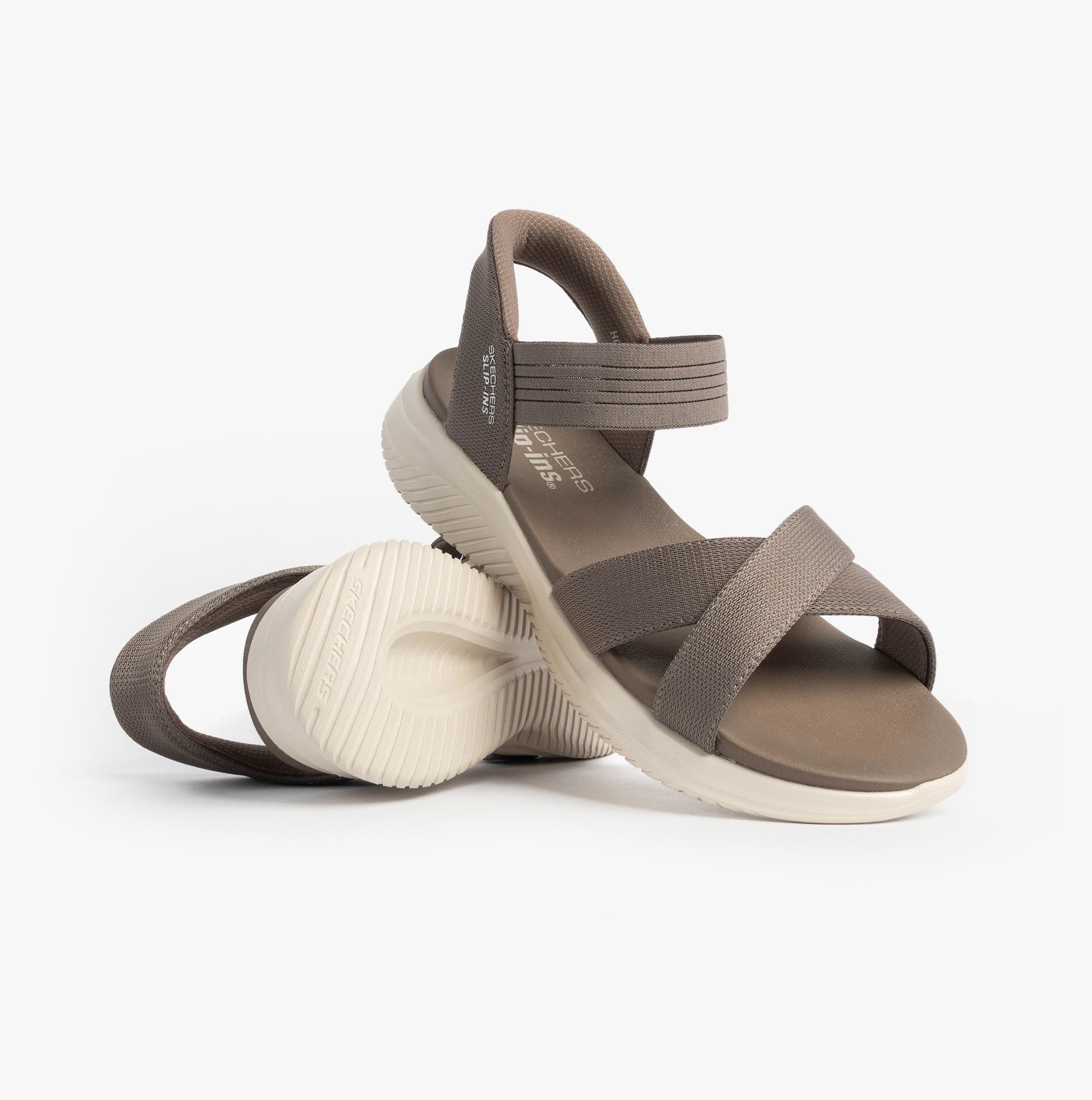 Skechers 119975/DKTP ULTRA FLEX 3.0 - NEVER BETTER Womens Sandals Dark Taupe side view and top view with slip-on design.