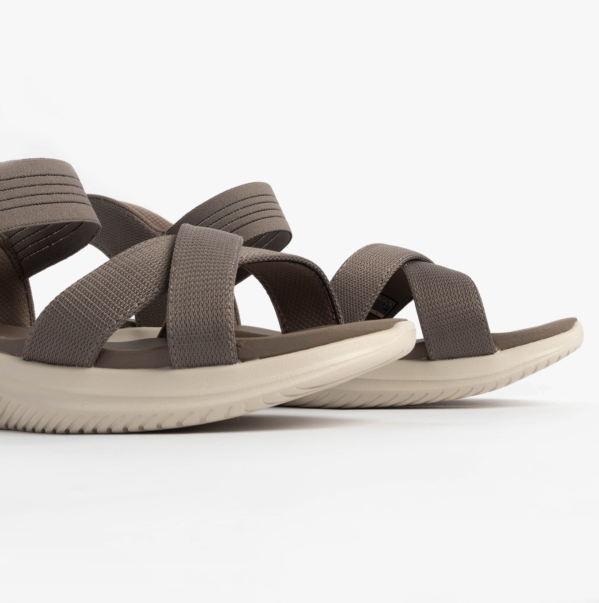 Skechers 119975/DKTP ULTRA FLEX 3.0 - NEVER BETTER Womens Sandals Dark Taupe side view showing textured upper and rubber sole.