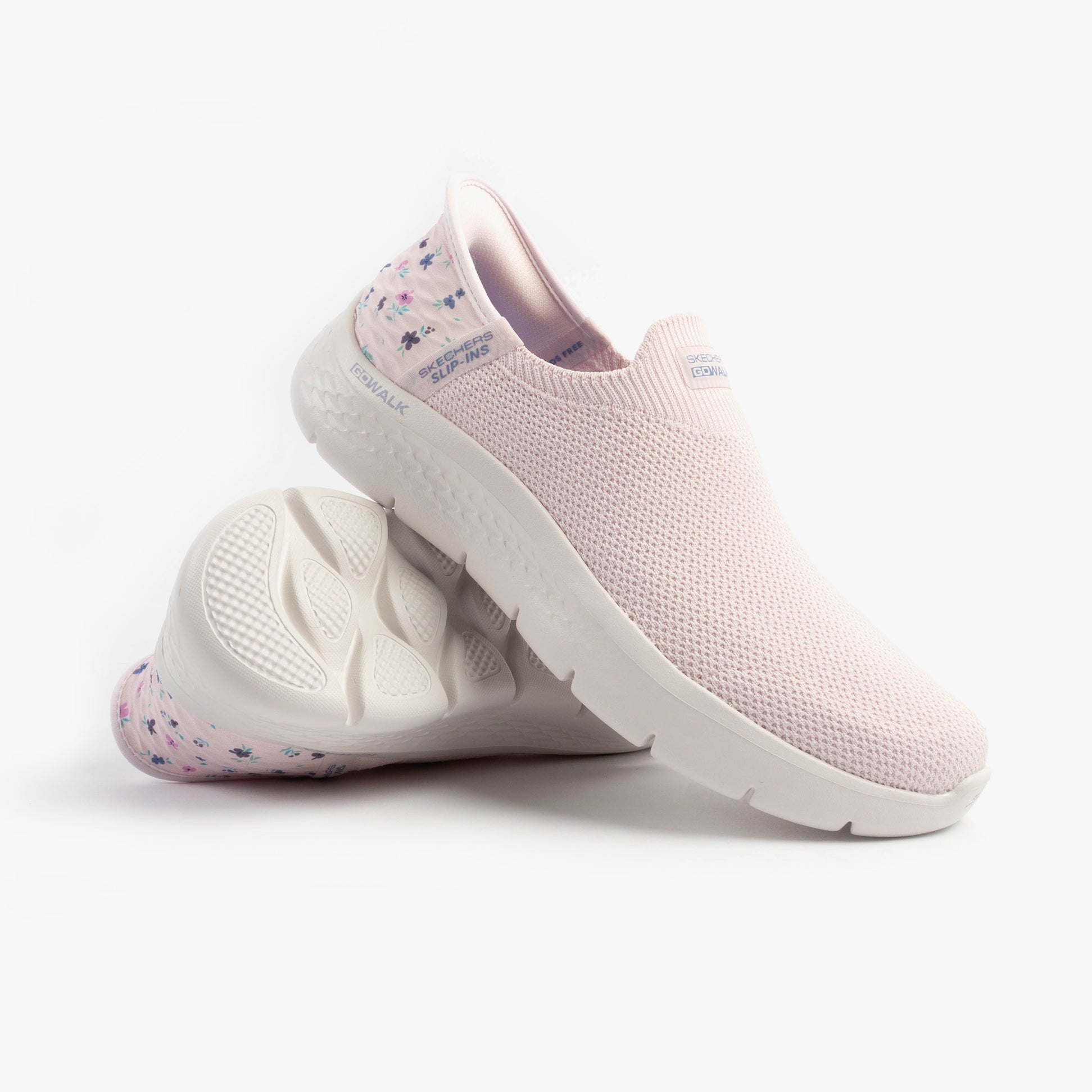 Skechers 124822/LTPK GO WALK FLEX - SUNSET ROSE Womens Trainers Light Pink side view with floral details and slip-on design.