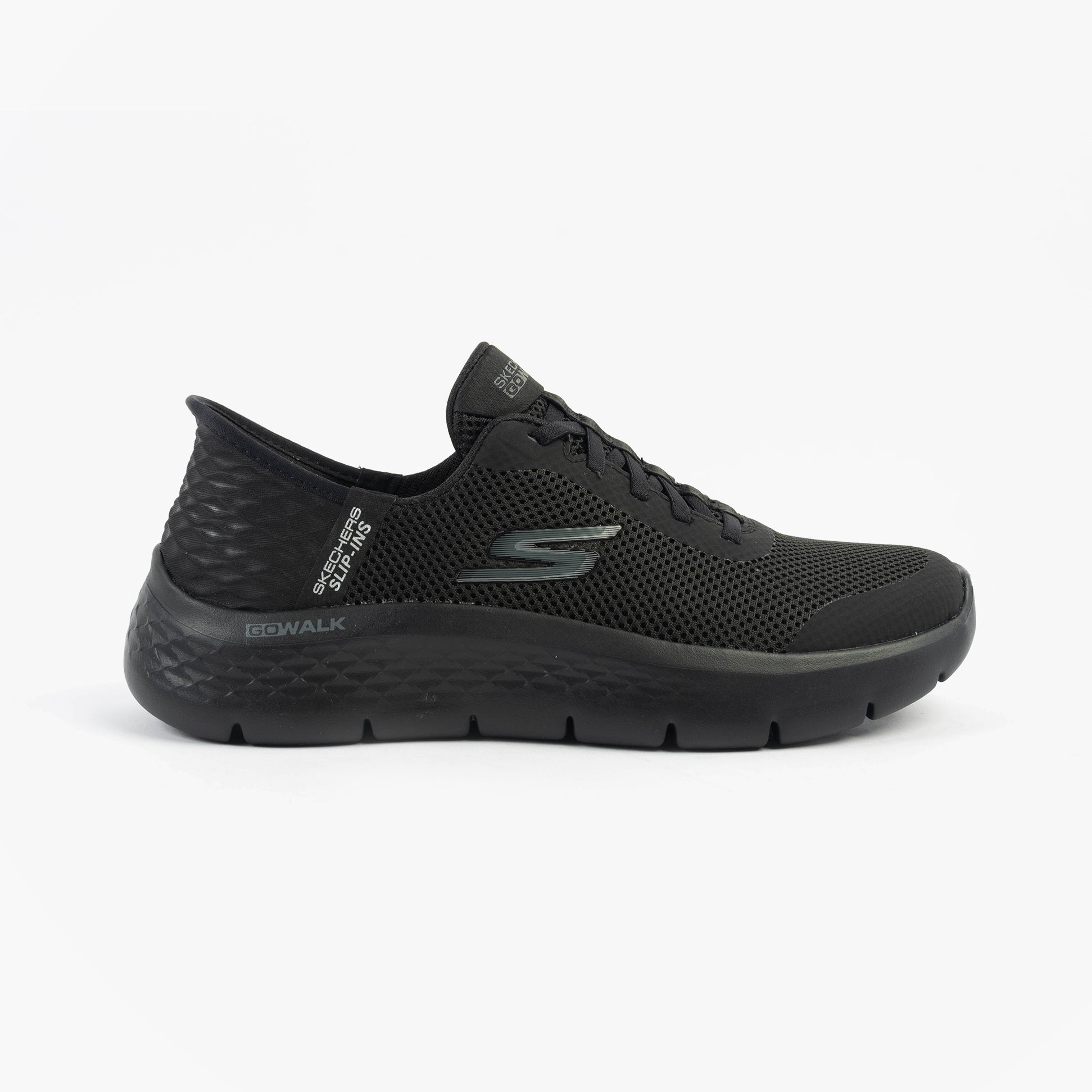 Skechers 124836/BBK GO WALK FLEX - GRAND ENTRY Womens Trainers Black side view showing the breathable upper and sleek design.