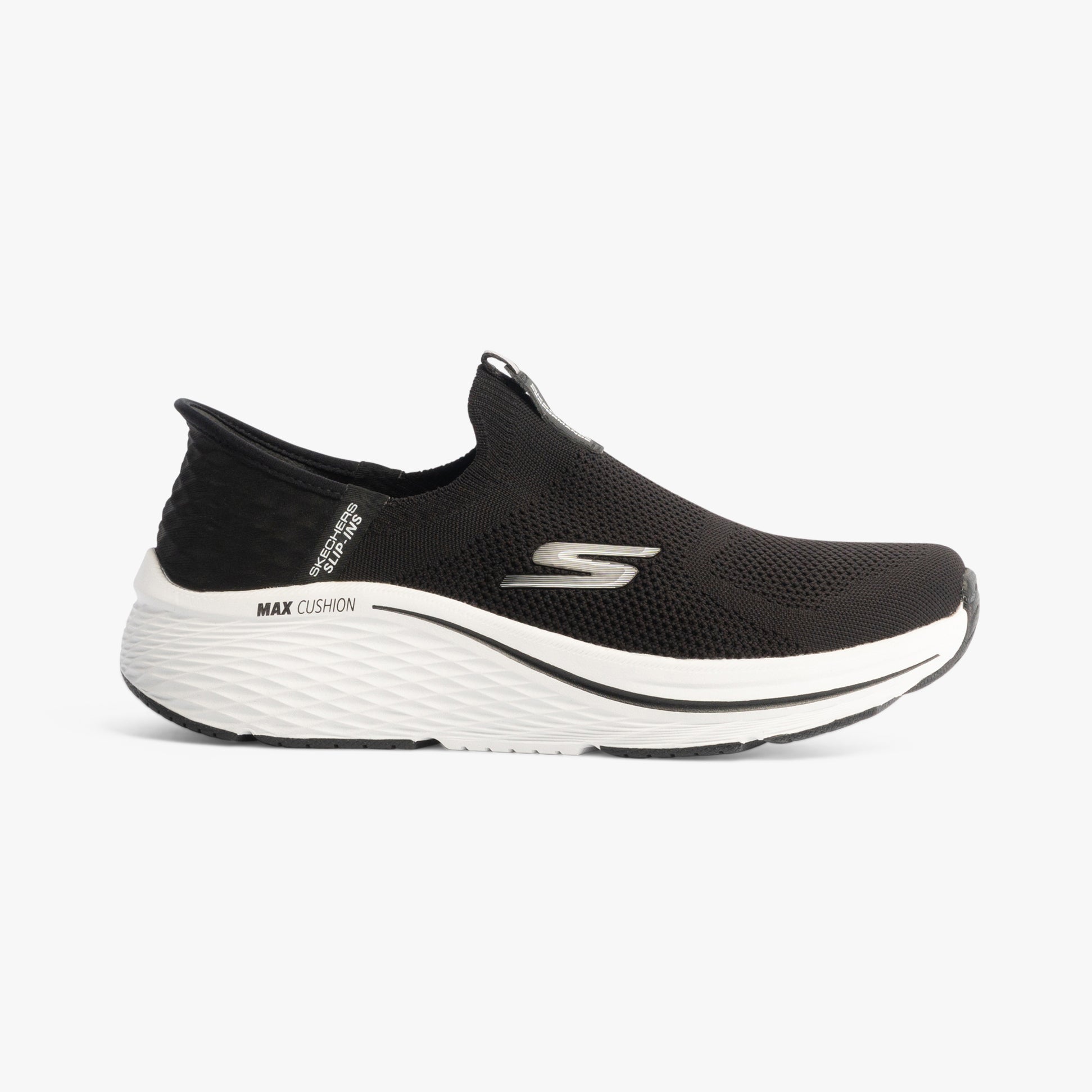 Skechers 129611/BKW MAX CUSHIONING ELITE 2.0 - Womens Trainers Black/White side view with slip-on design.