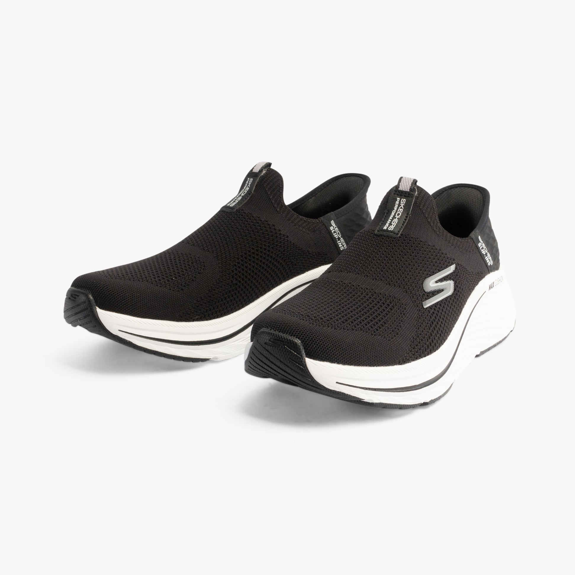 Skechers 129611/BKW MAX CUSHIONING ELITE 2.0 - Womens Trainers Black/White side view showing footwear design and comfort features.