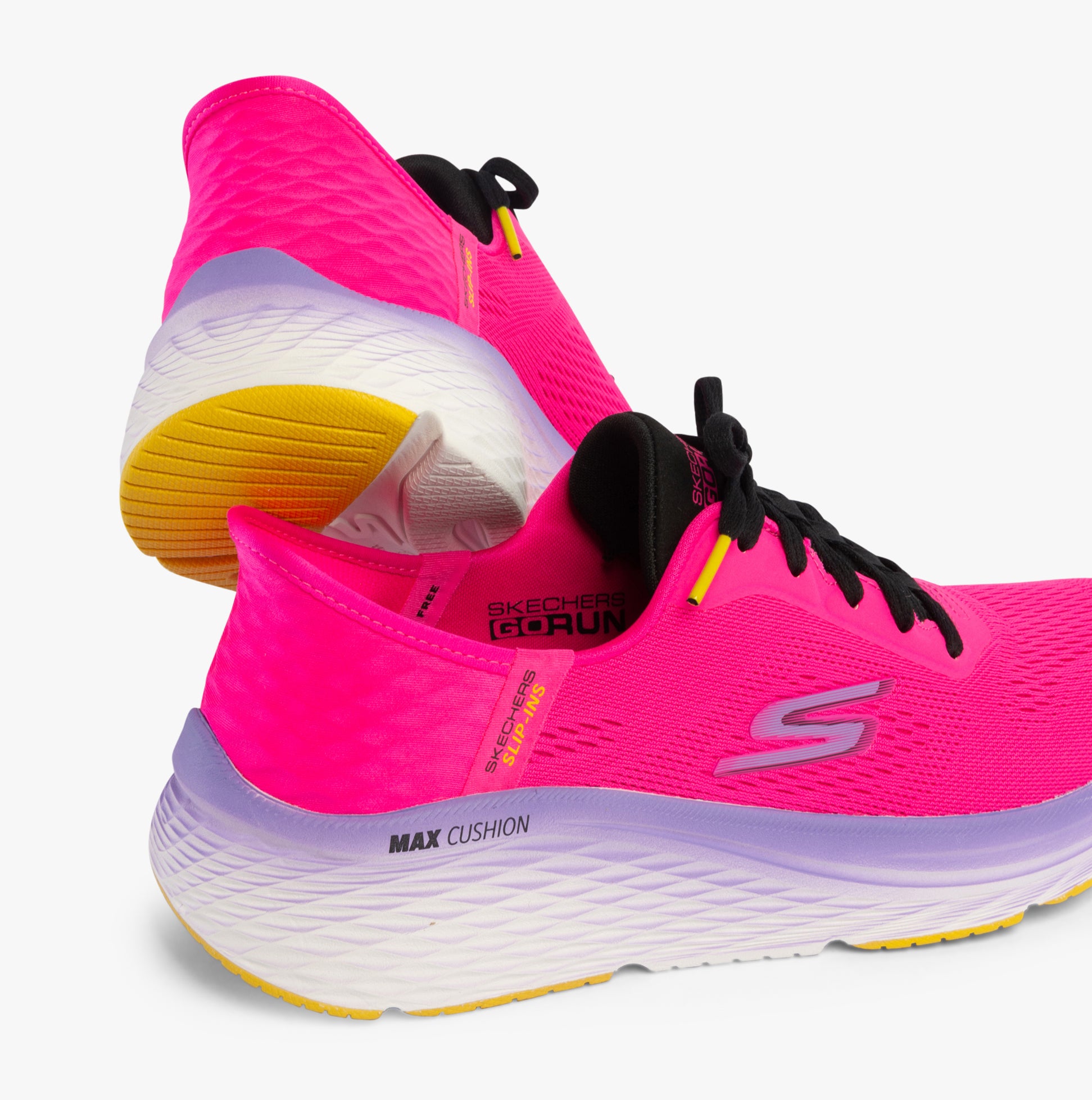 Skechers 129626/RAS MAX CUSHIONING ELITE 2.0 - Womens Trainers Raspberry side view with bright pink upper and MAX CUSHION detail.