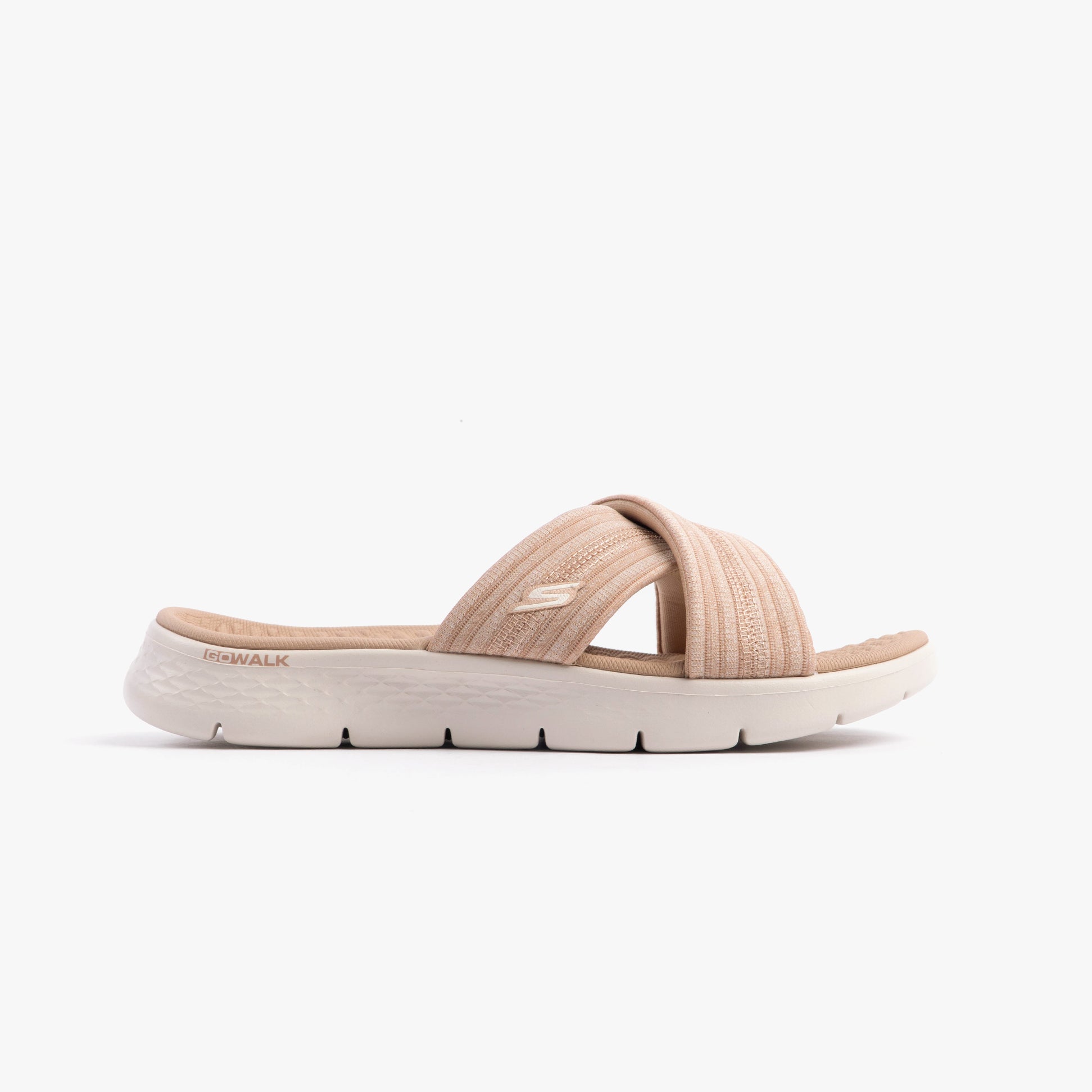 Skechers 141420/TPE GO WALK FLEX SANDAL - IMPRESSED Womens Sandals Taupe side view on a clean background.