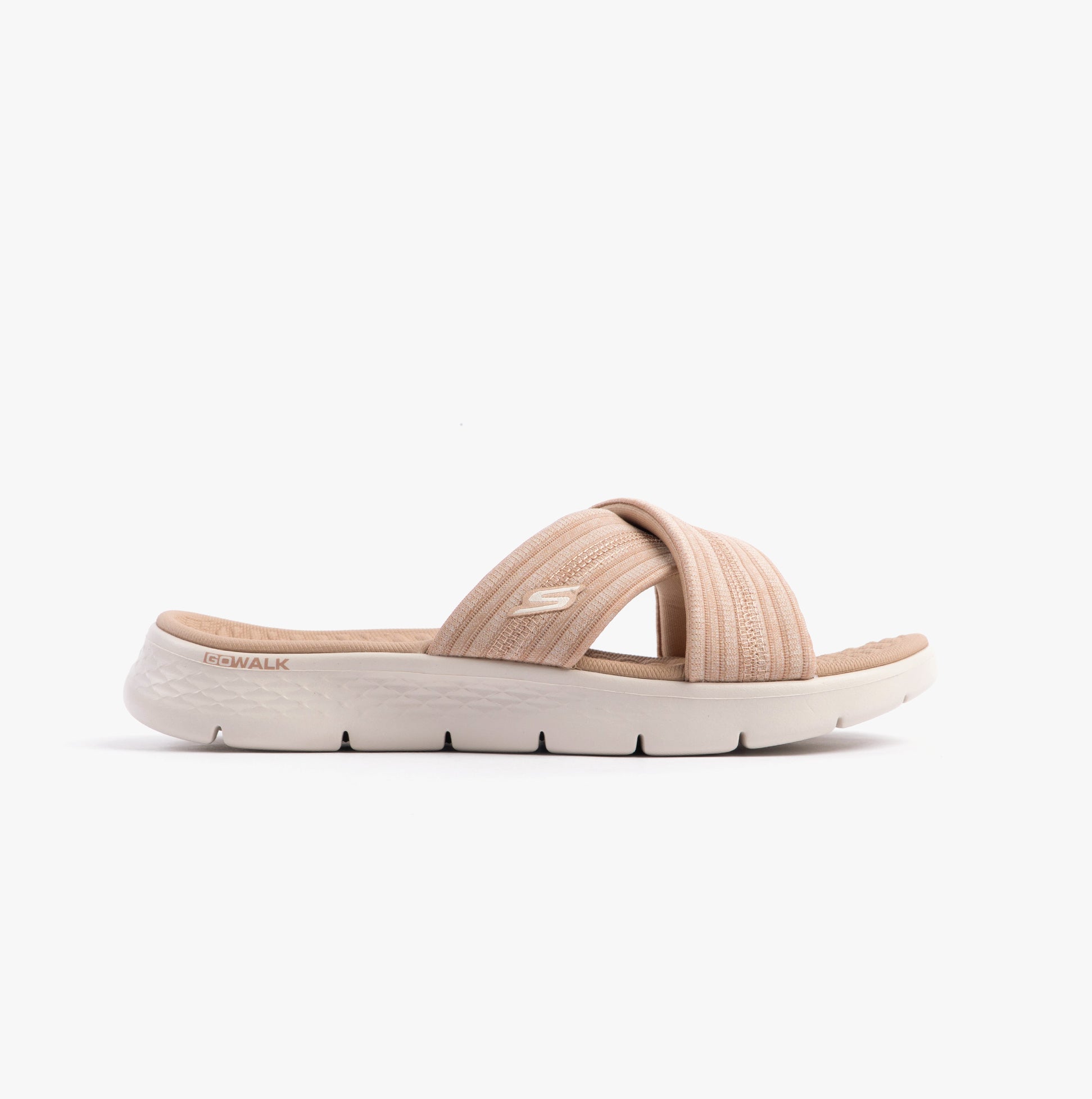 Skechers 141420/TPE GO WALK FLEX SANDAL - IMPRESSED Womens Sandals Taupe side view on a clean background.
