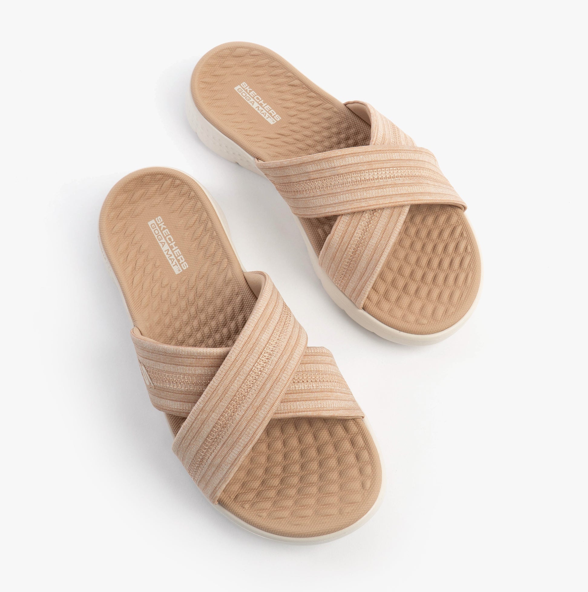 Skechers 141420/TPE GO WALK FLEX SANDAL - IMPRESSED Womens Sandals Taupe top view showing stylish cross strap design.