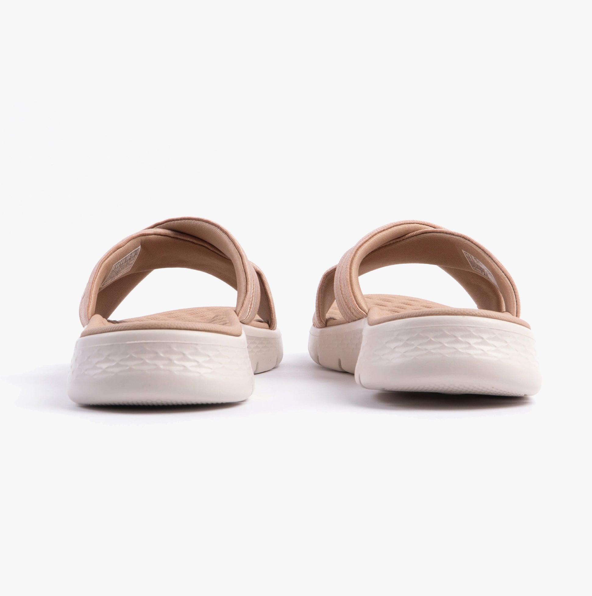 Skechers 141420/TPE GO WALK FLEX SANDAL - IMPRESSED Womens Sandals Taupe rear view showing slip-on style and rubber sole.