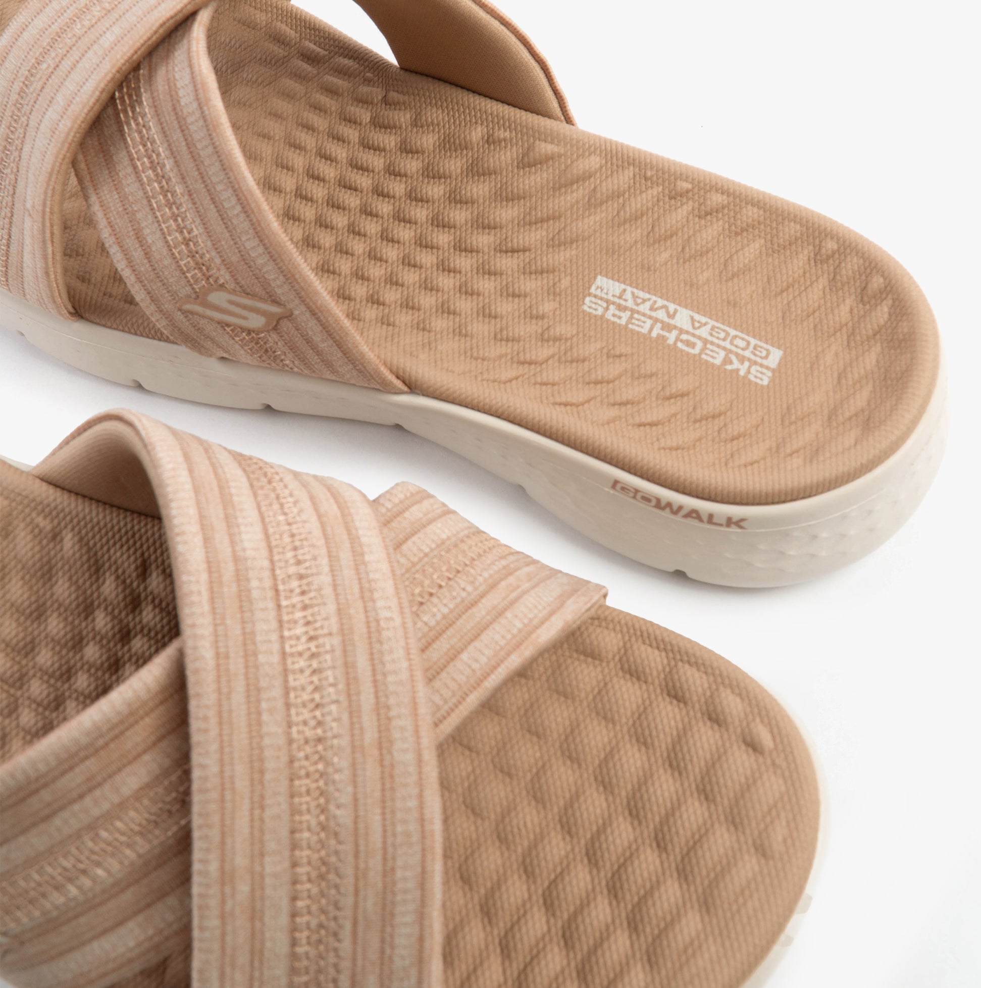 Skechers 141420/TPE GO WALK FLEX SANDAL - IMPRESSED Womens Sandals Taupe detail view with textured straps and rubber sole