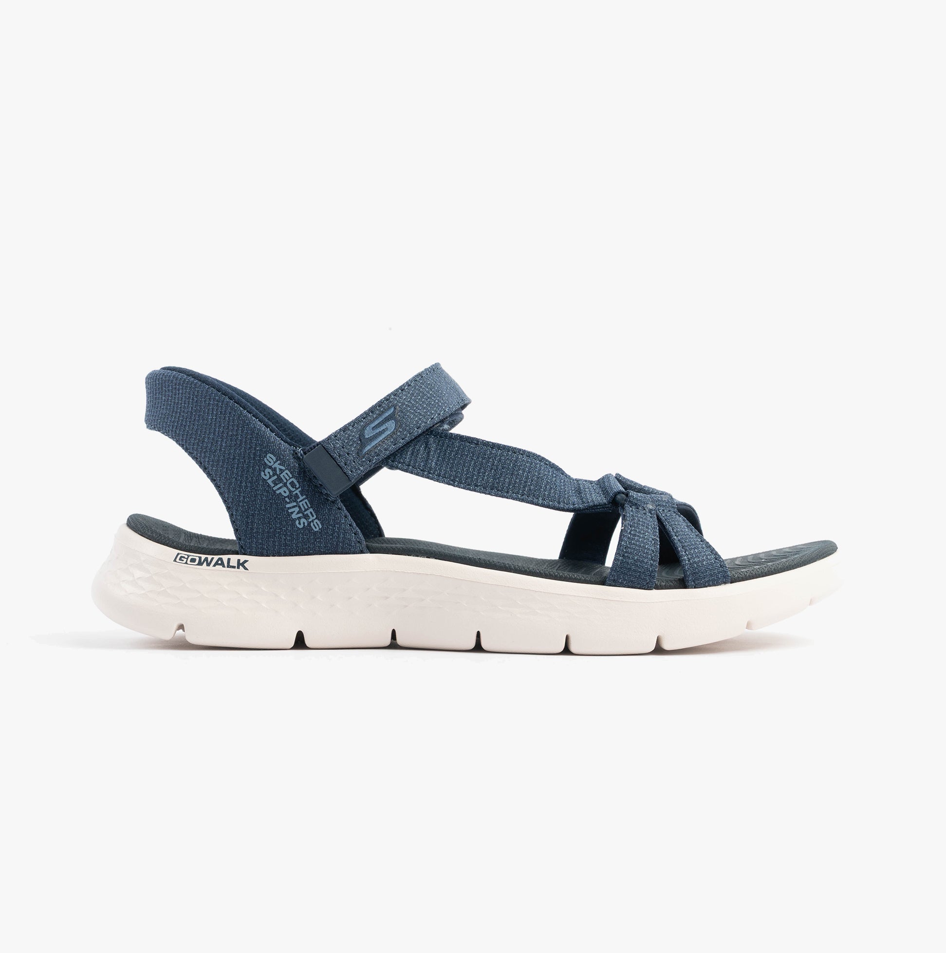 Skechers 141481/NVY GO WALK FLEX SANDAL - ILLUMINATE Womens Sandals Navy side view with mesh upper and rubber sole.