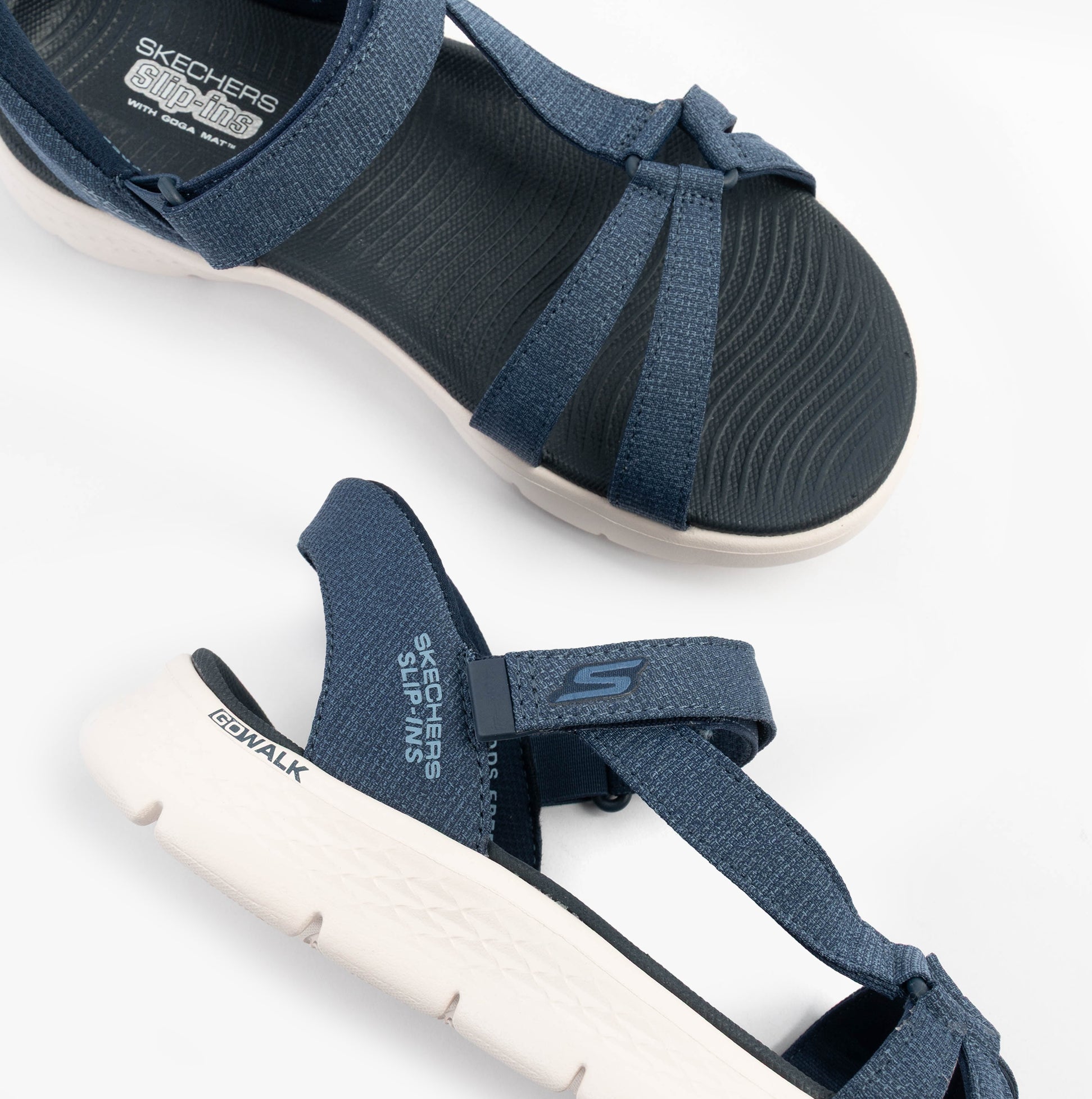 Skechers 141481/NVY GO WALK FLEX SANDAL - ILLUMINATE Womens Sandals Navy top view with mesh upper and rubber sole.
