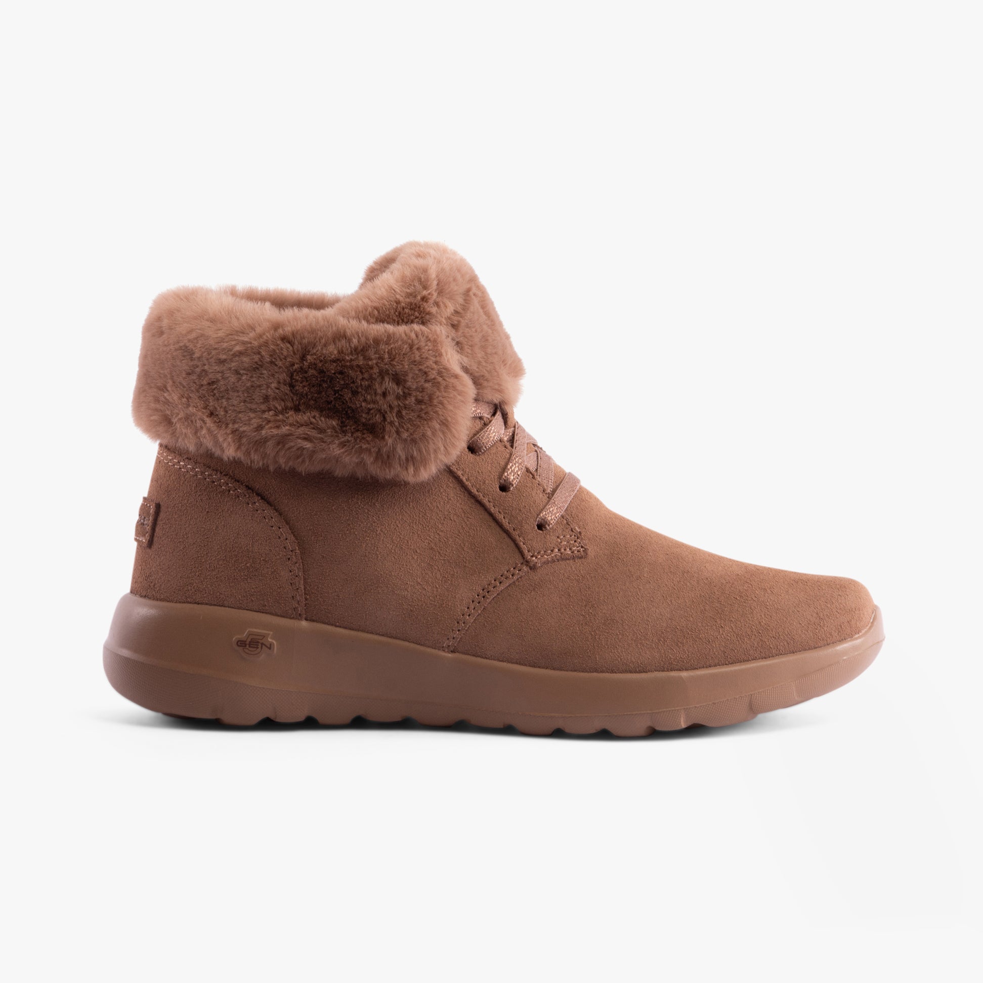 Skechers 144334/BRN ON-THE-GO JOY - COZY HAVEN Womens Boots Brown side view showing suede upper and faux fur lining.
