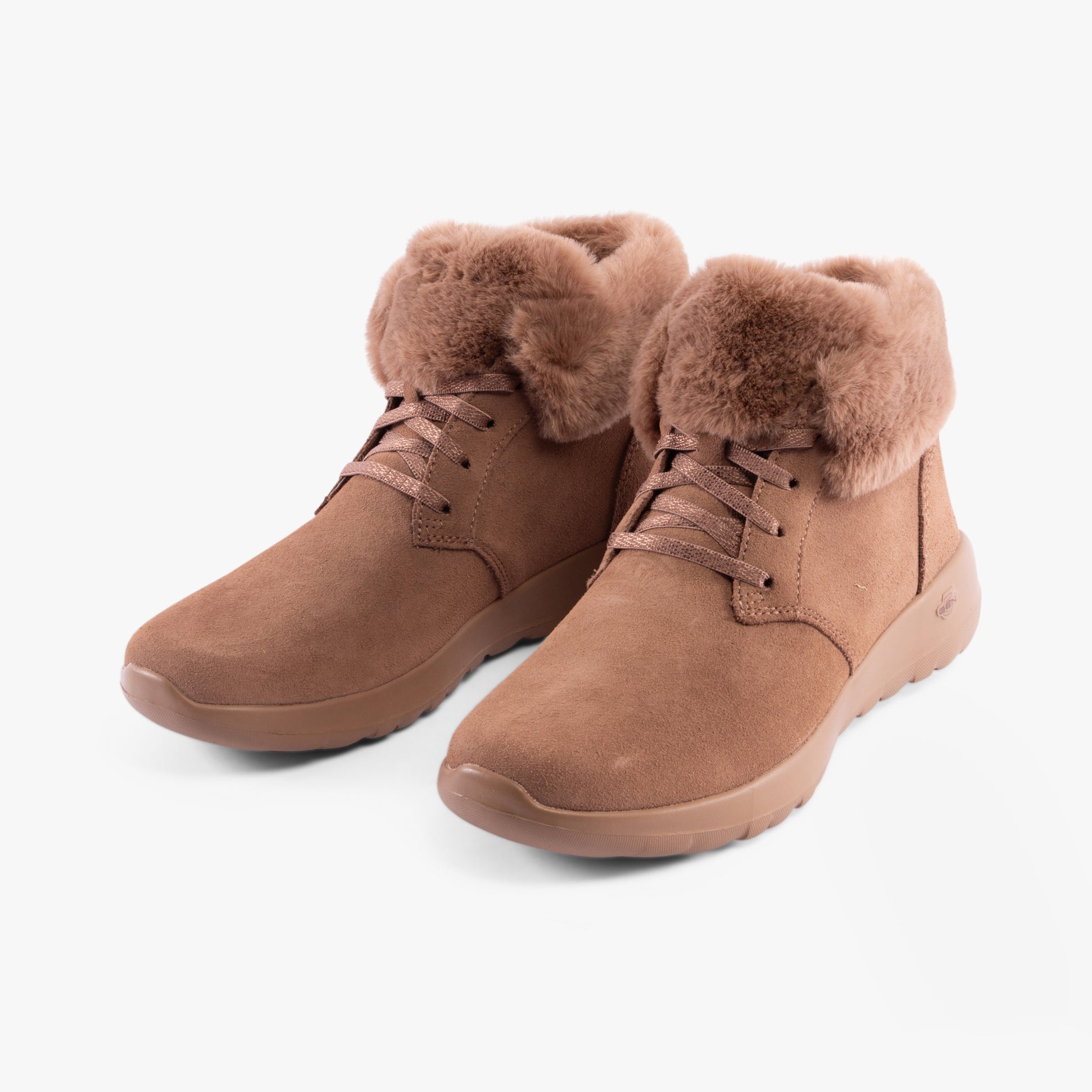 Skechers 144334/BRN ON-THE-GO JOY - COZY HAVEN Womens Boots Brown side view showing lace-up design and faux fur collar.