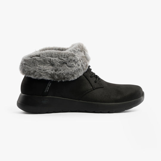 Skechers 144803/BKGY ON-THE-GO JOY - COZY CHARM Womens Boots Black/Grey side view with faux fur lining