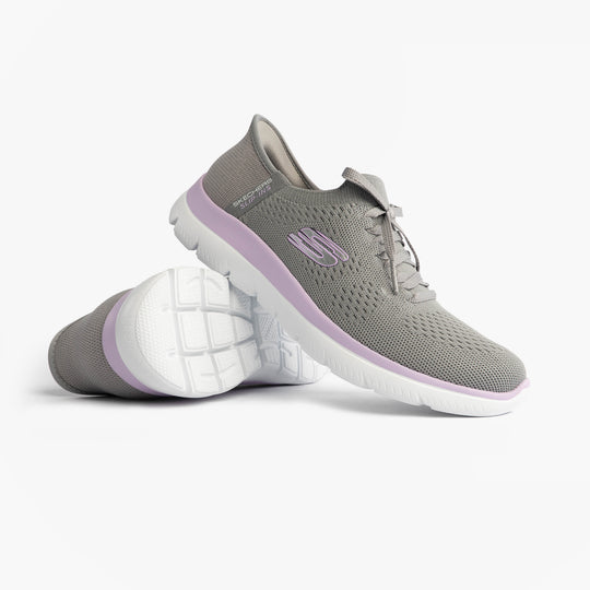 Skechers 150263/GYLV SUMMITS-NEW DAILY Womens Trainers Grey/Lavender side view showing lace-up closure and round toe design.