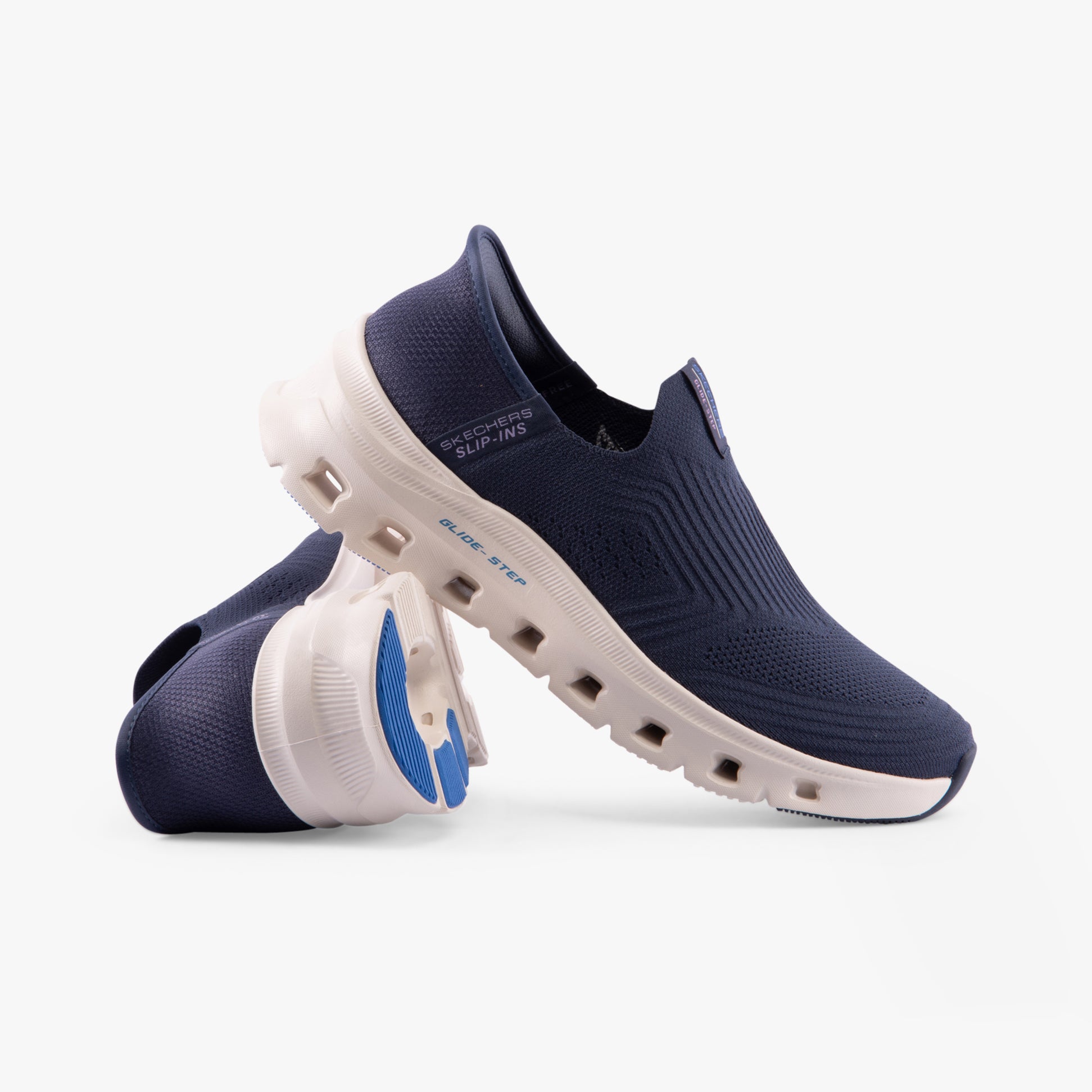 Skechers 150422/NVY GLIDE-STEP PRO-EVERYDAY CITIZ Womens Trainers Navy side view and detail view with slip-on design.