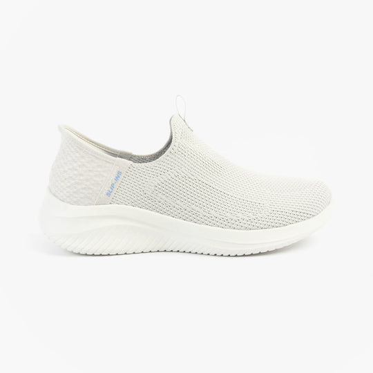 Skechers 150450/LTGY ULTRA FLEX 3.0-EASY WIN Womens Trainers Light Grey side view showcasing casual slip-on design.