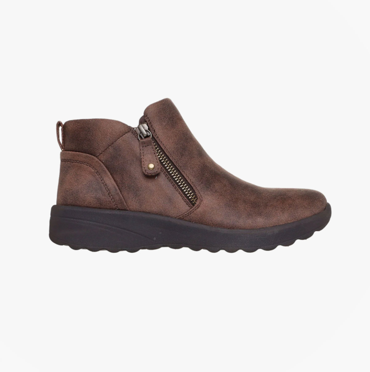 Skechers 158952/CHOC LOVELY VIBE - FALL IN BLOOM Womens Boots Chocolate side view, ankle boots with zip detail.