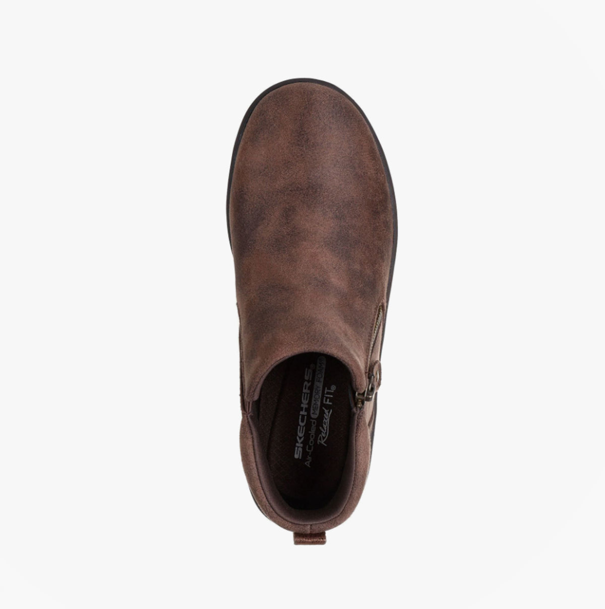 Skechers 158952/CHOC LOVELY VIBE - FALL IN BLOOM Womens Boots Chocolate top view showing ankle boot design and zip closure.