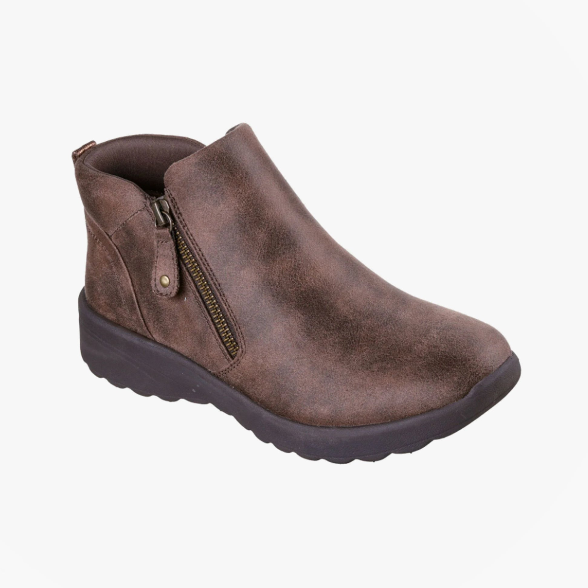 Skechers 158952/CHOC LOVELY VIBE - FALL IN BLOOM Womens Boots Chocolate side view zip detail.