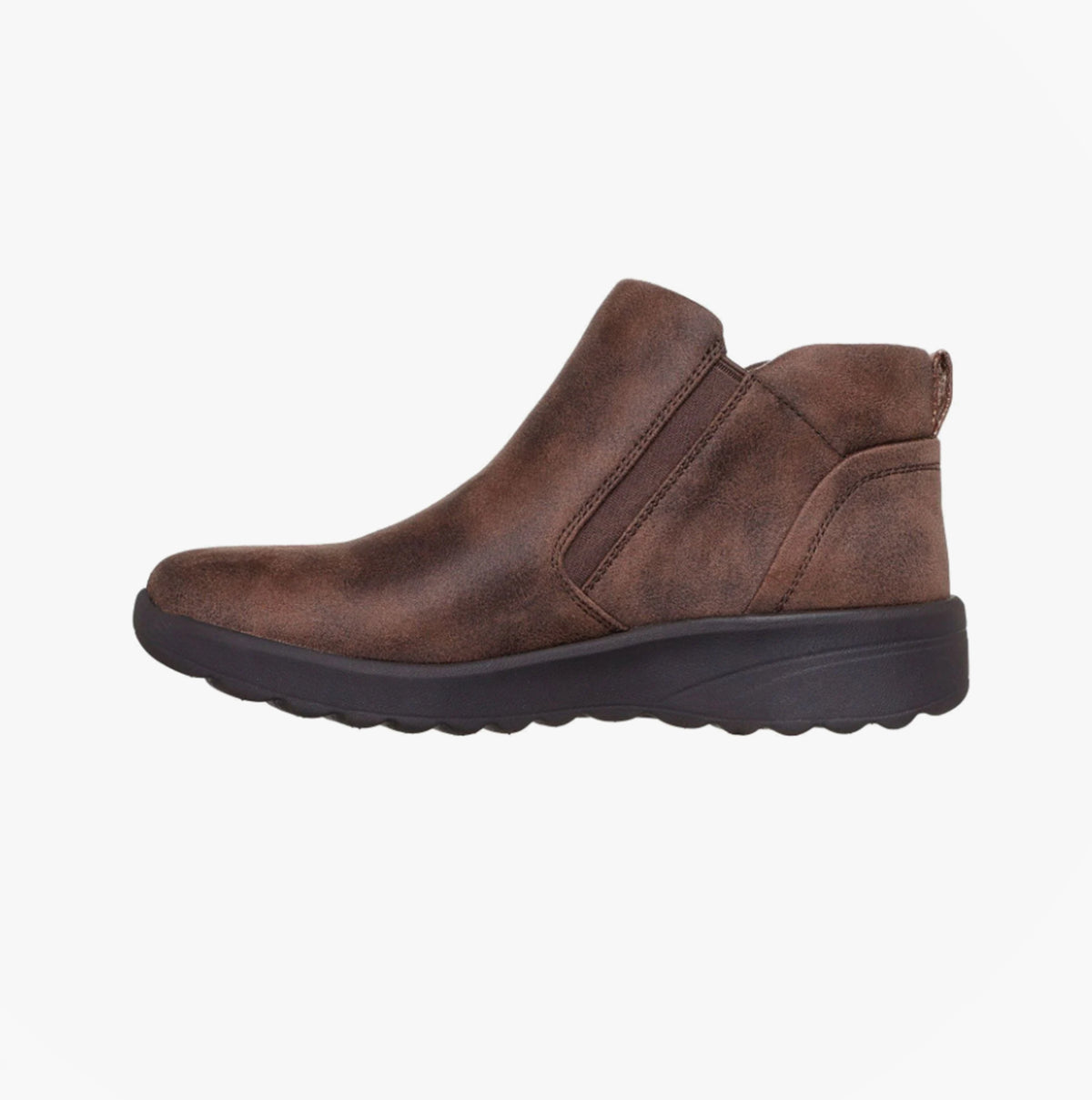 Skechers 158952/CHOC LOVELY VIBE - FALL IN BLOOM Womens Boots Chocolate side view showing ankle boot design and rubber sole.