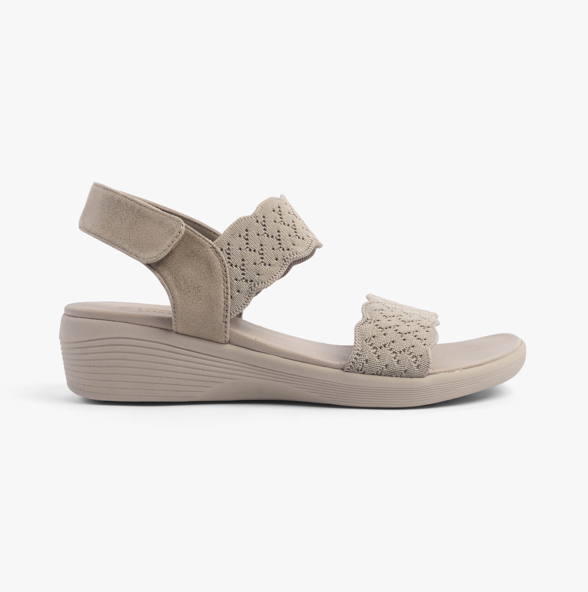 Skechers 163165/TPE ARYA - ON THE RISE Womens Sandals Taupe side view showcasing wedge heel and textile upper.