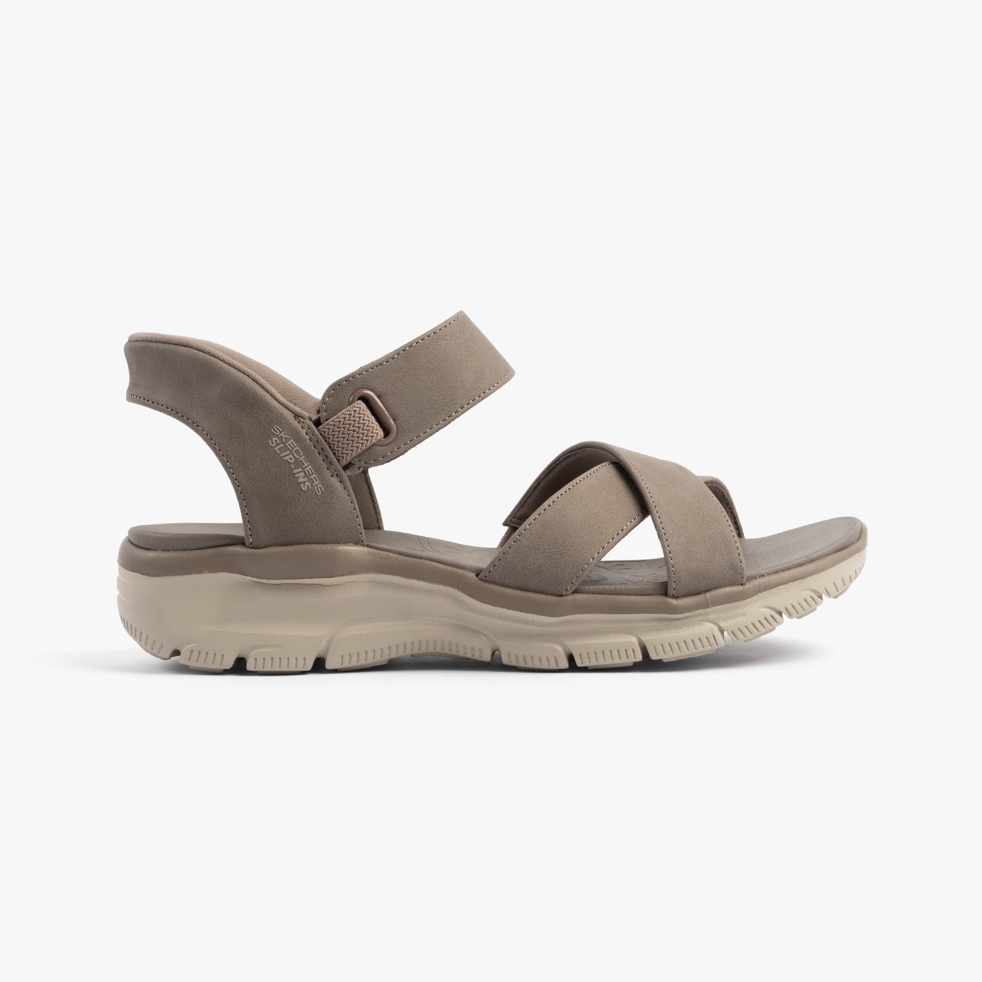 Skechers 163534/TPE EASY GOING - SOMEWHERE SUNNY Womens Sandals Taupe side view showing synthetic upper and rubber sole.