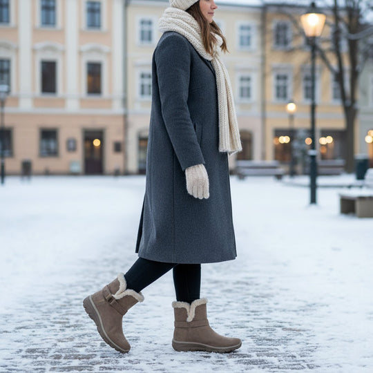 Skechers 168045/DKTP EASY GOING - DREAMERS MOVE Womens Boots Dark Taupe side view worn in snowy setting.