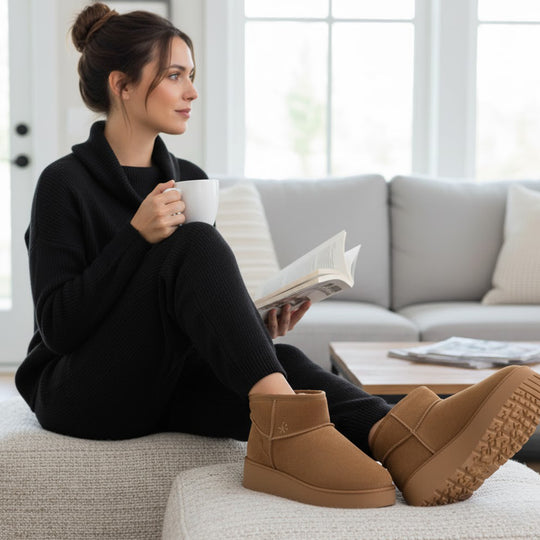 Skechers 169143/CSNT KEEP COZY Womens Boots Chestnut side view worn by model, cozy indoor setting with book and coffee.