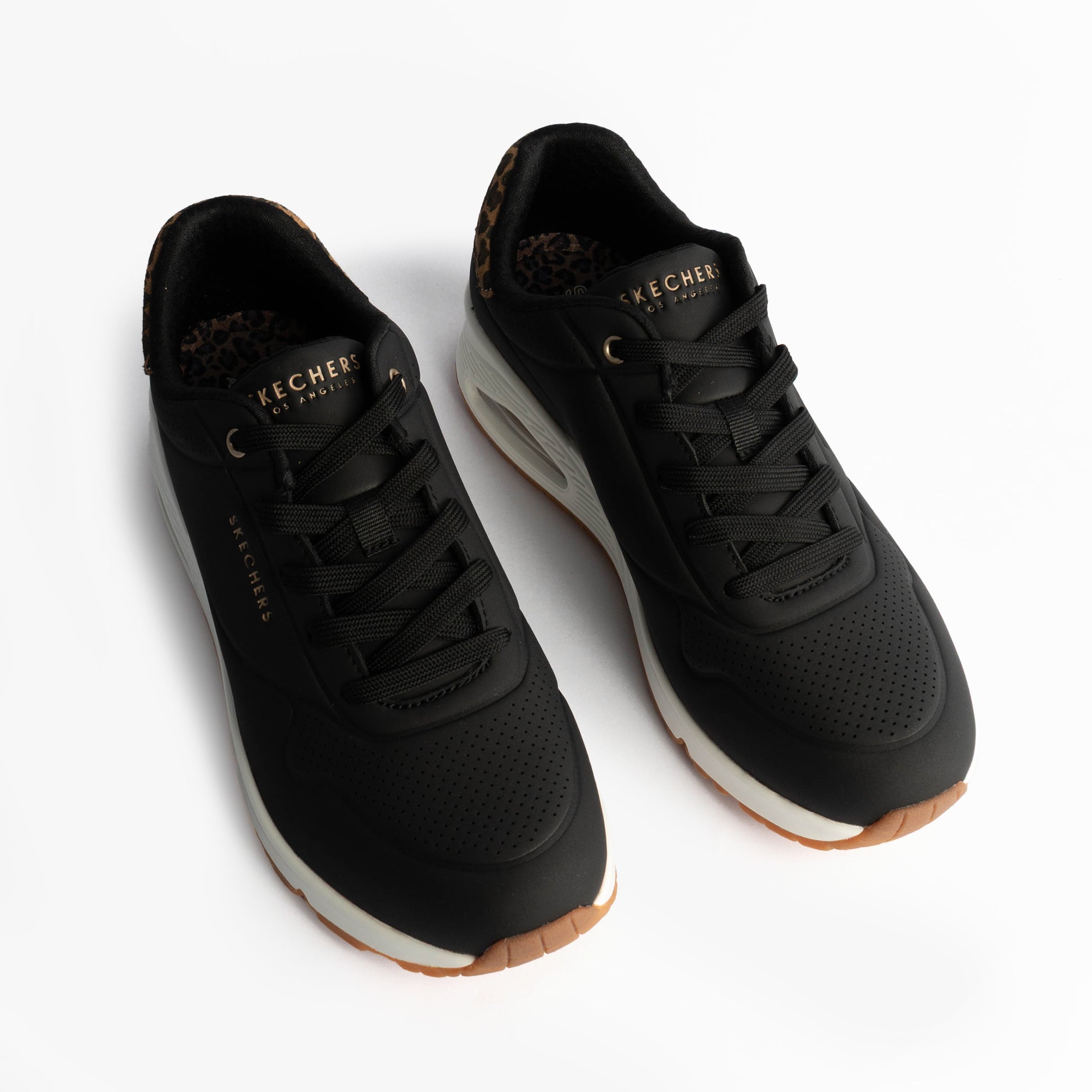 Skechers 177093/BKLD UNO-JUNGLE NITE Womens Trainers Black Durabuck/Leopard Printed