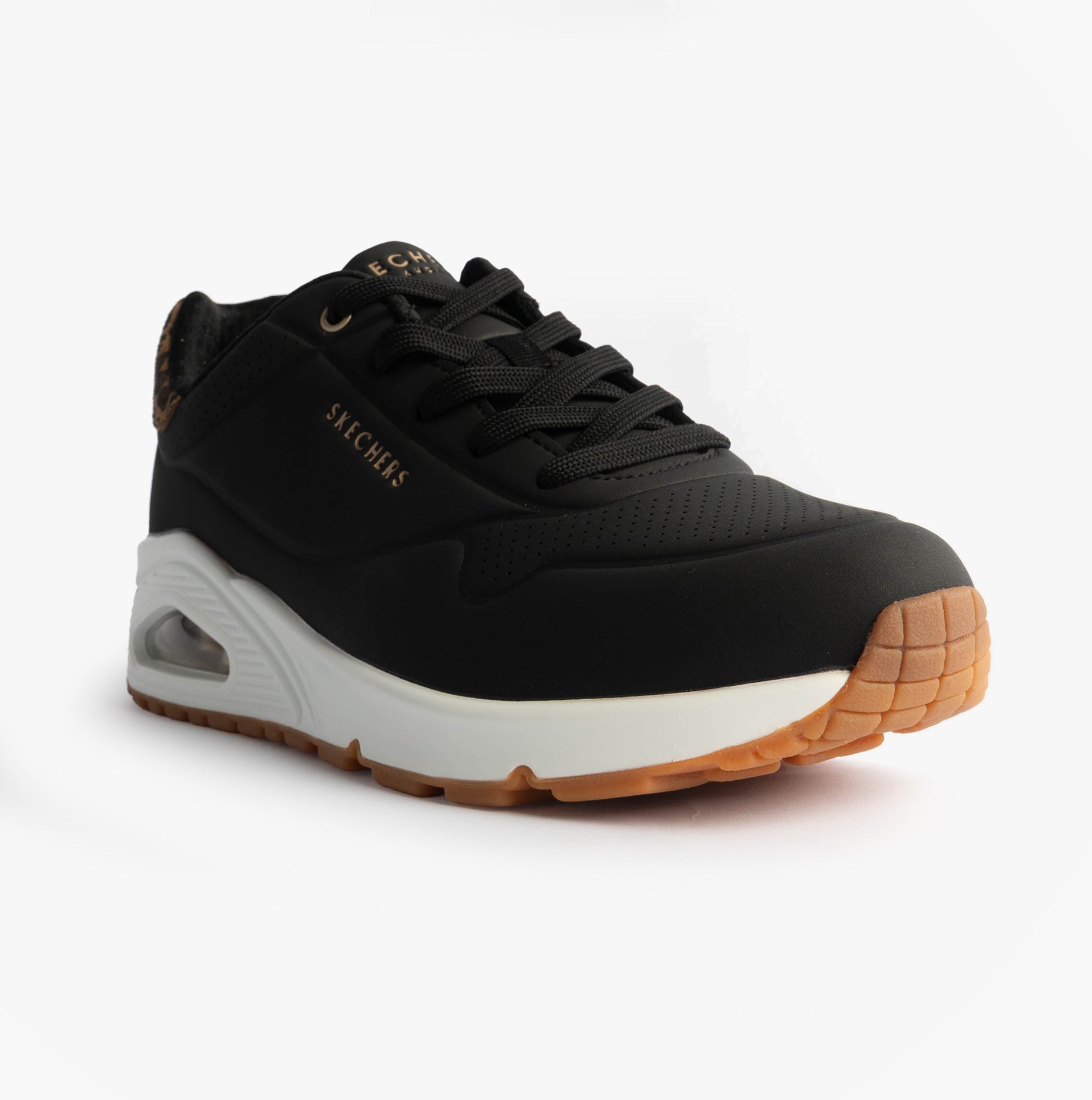 Skechers 177093/BKLD UNO-JUNGLE NITE Womens Trainers Black Durabuck/Leopard Printed