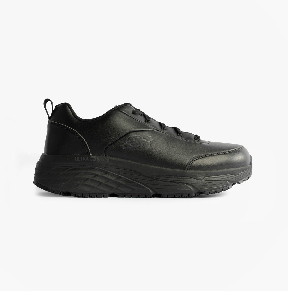 Skechers MAX CUSHIONING ELITE SR-FILCH Mens Workwear Trainers Black, side view, featuring leather upper and slip-resistant sole.
