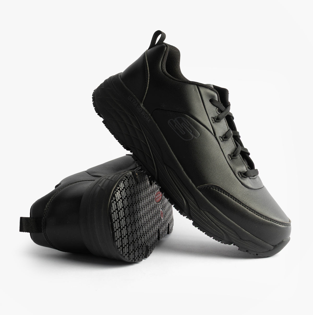 Skechers MAX CUSHIONING ELITE SR-FILCH Mens Workwear Trainers Black, side view of black lace-up sneaker with slip-resistant sole.