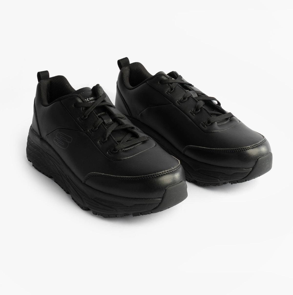 Skechers MAX CUSHIONING ELITE SR-FILCH Mens Workwear Trainers Black, side view, showcasing lace-up design and round toe.