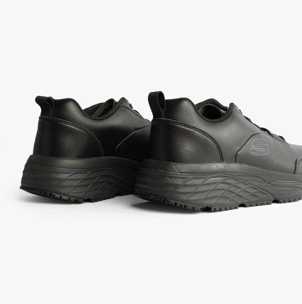 Skechers MAX CUSHIONING ELITE SR-FILCH Mens Workwear Trainers Black in back view showcasing heel and outsole design.