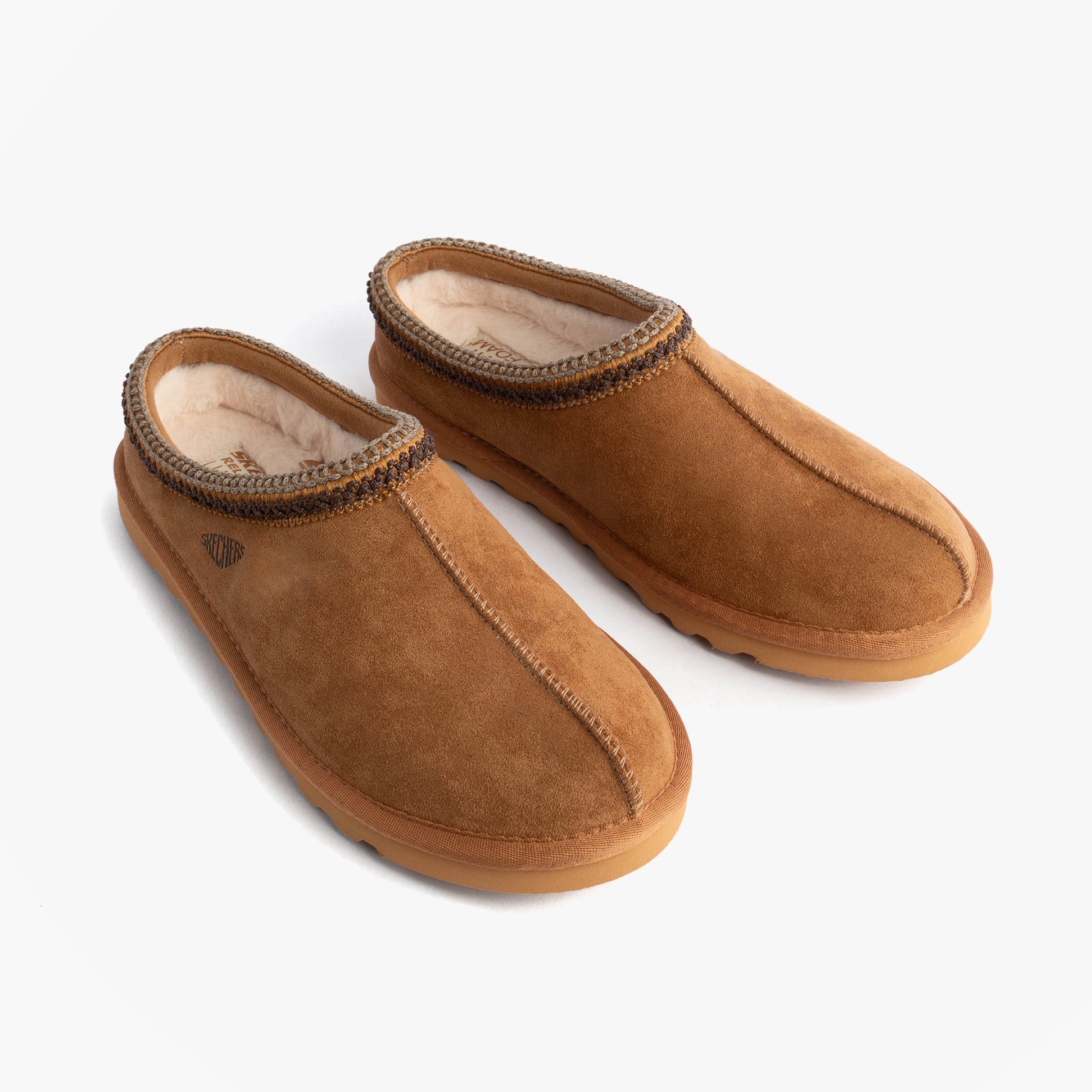 Skechers 205605/TAN RENTEN - ULRICH Mens Slippers Tan side view showcasing the soft suede texture and relaxed fit design.