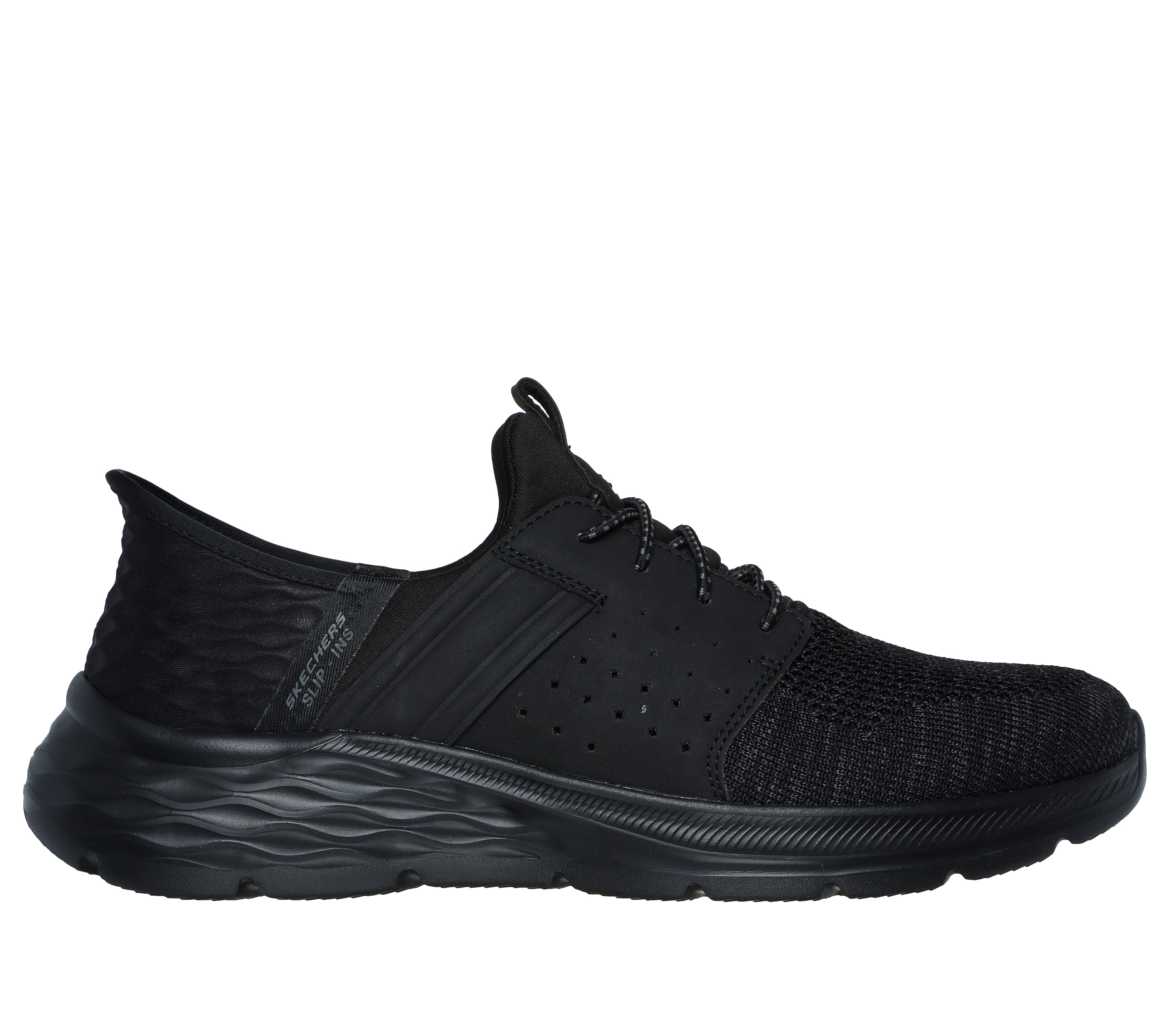 Skechers 210803/BBK GARNER - NEWICK Mens Trainers Black side view, casual synthetic mesh footwear with lace-up closure.
