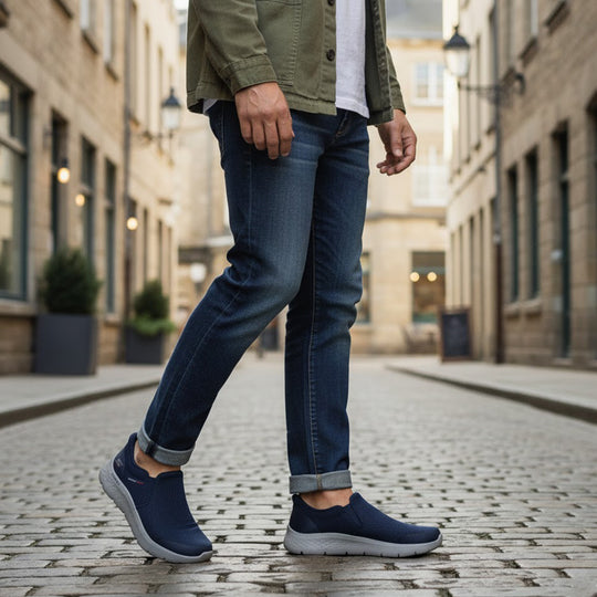 Skechers 216333/NVY GO WALK FLEX - OJAI Mens Trainers Navy side view worn by a man walking on cobblestone street.