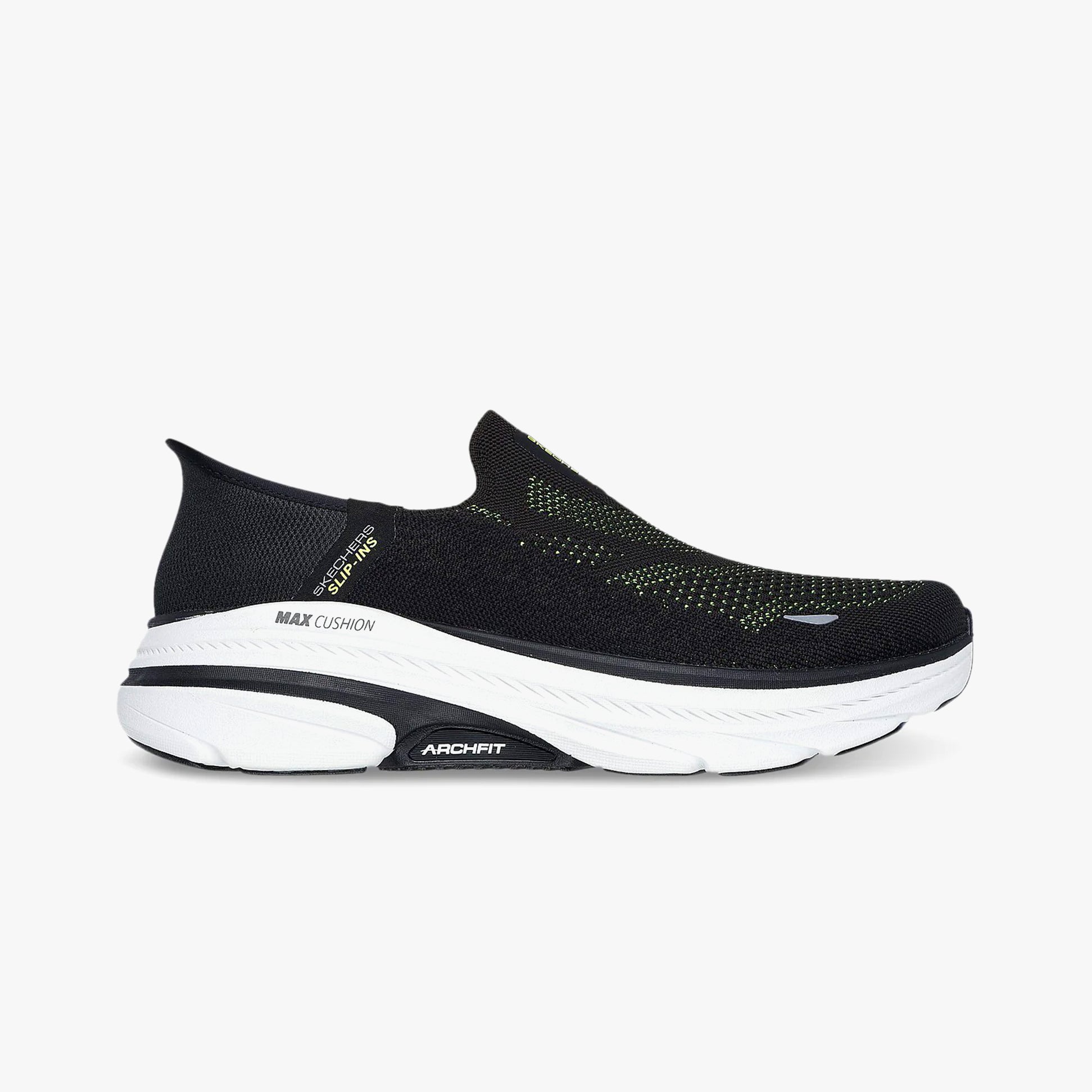 Skechers 220565/BLK MAX CUSHIONING ARCH FIT 2.0 - Mens Trainers Black side view featuring slip-on design and breathable upper.