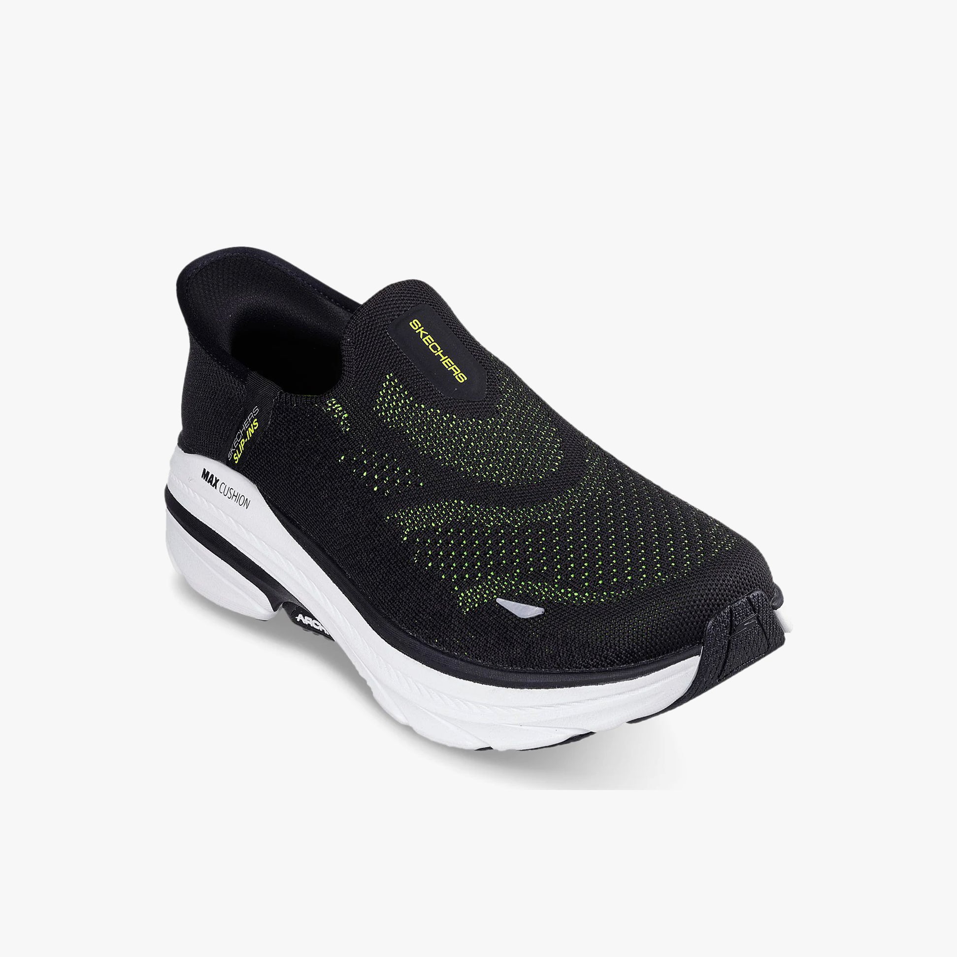 Skechers 220565/BLK MAX CUSHIONING ARCH FIT 2.0 - Mens Trainers Black side view featuring breathable textile upper.