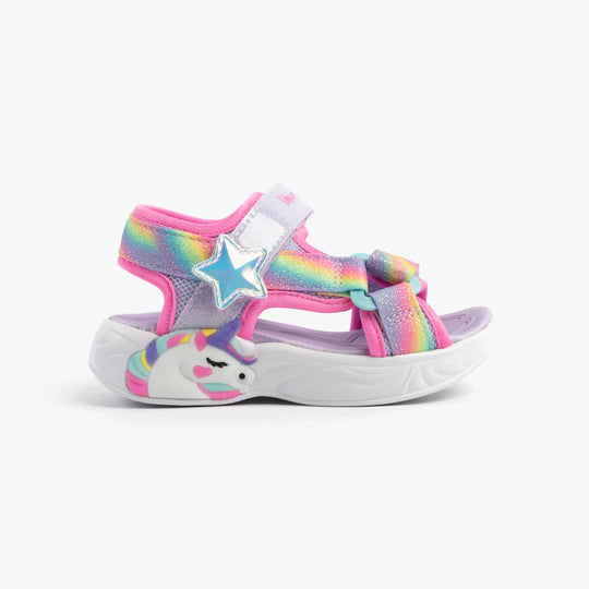 Skechers 303107L/LVMT UNICORN DREAMS SANDAL - DREAMY Girls Sandals Lavender Multi side view with colorful design and unicorn detail
