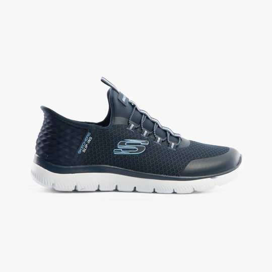 Skechers 303919L/NVY SUMMITS Girls Trainers Navy side view showcasing synthetic mesh upper and bungee stretch laces.