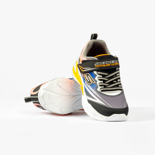 Skechers 400139N/BKSL S LIGHTS FLEX-GLOW ULTRA Boys Trainers Black/Silver front view showcasing the lightweight design and vibrant colors.