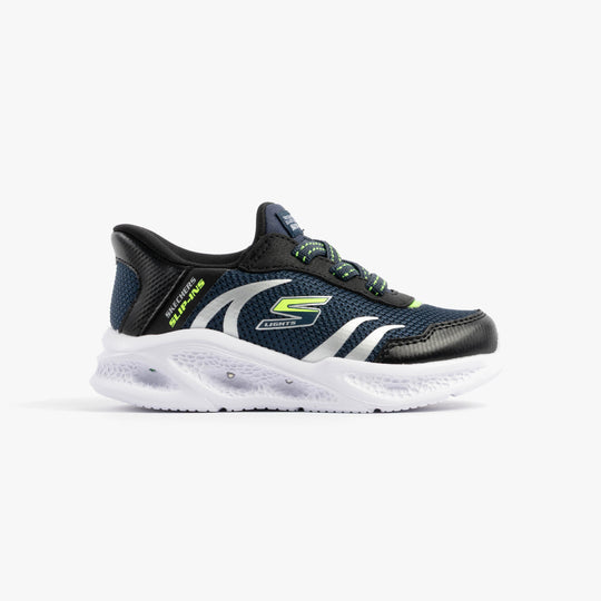 Skechers 403848N/NVBK METEOR-LIGHTS-BRISK-BEAMS Boys Trainers Navy/Black side view with lace-up fastening