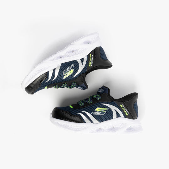 Skechers 403848N/NVBK METEOR-LIGHTS-BRISK-BEAMS Boys Trainers Navy/Black side view with white sole and neon accents.