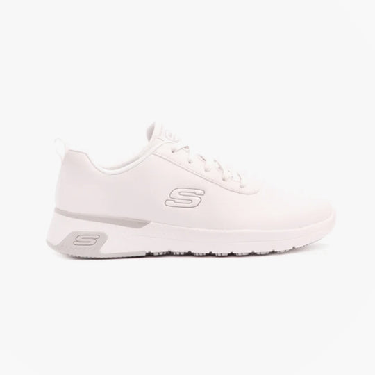 Skechers Work 108010EC MARSING - GMINA SR Womens Occupational Trainers White, side view, showing slip resistant rubber sole and lace-up closure.