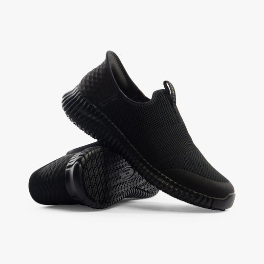 Skechers Work 108127EC CESSNOCK - GWYNEDD SR Womens Occupational Trainers Black side view with slip-on design and slip-resistant sole.