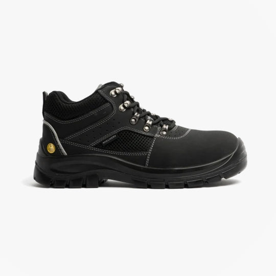 Side view of Skechers Work 200002EC TROPHUS - LETIC Mens Safety Boots Black with lace-up closure and steel toe features.