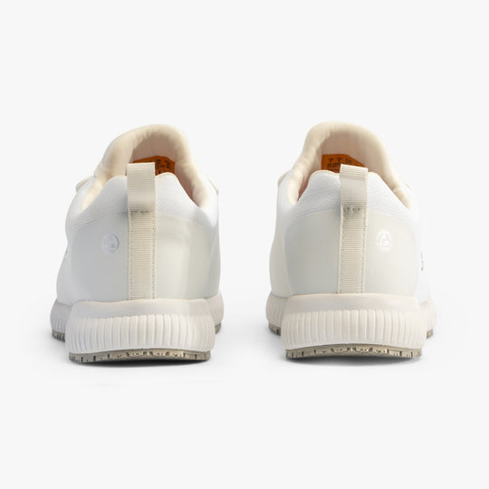 Rear view of Skechers Work 200051EC SQUAD - MYTON SR Mens Occupational Trainers White showing heel design and sole detail.